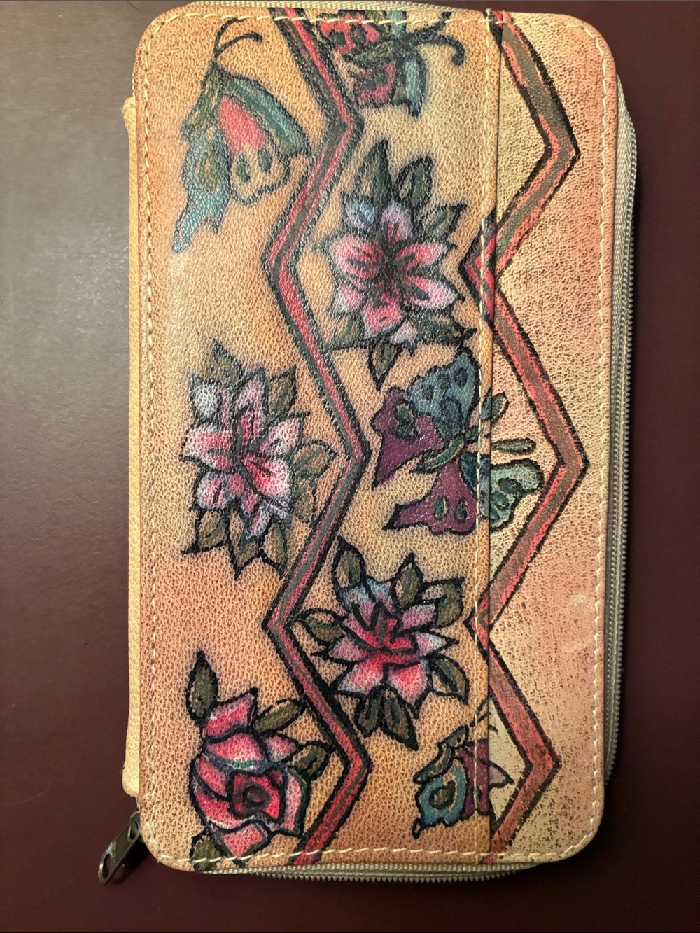 Floral Tan Leather Zip Wallet - Women Accessories